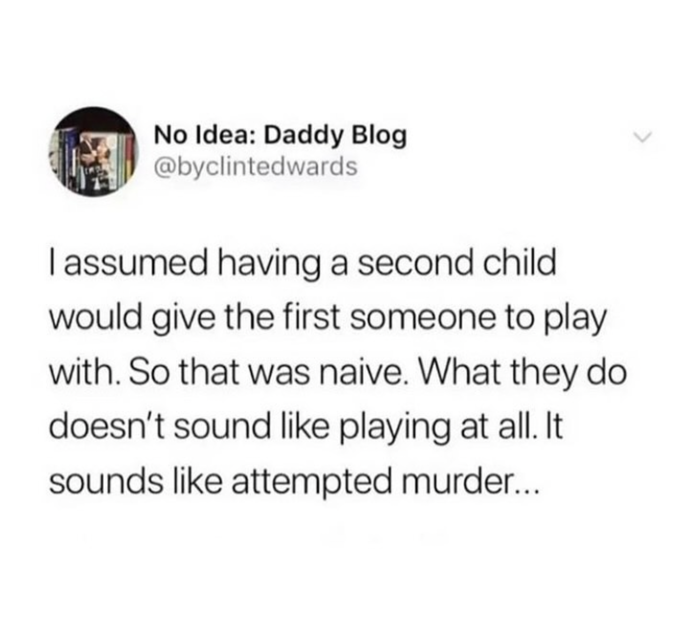 screenshot - No Idea Daddy Blog I assumed having a second child would give the first someone to play with. So that was naive. What they do doesn't sound playing at all. It sounds attempted murder...